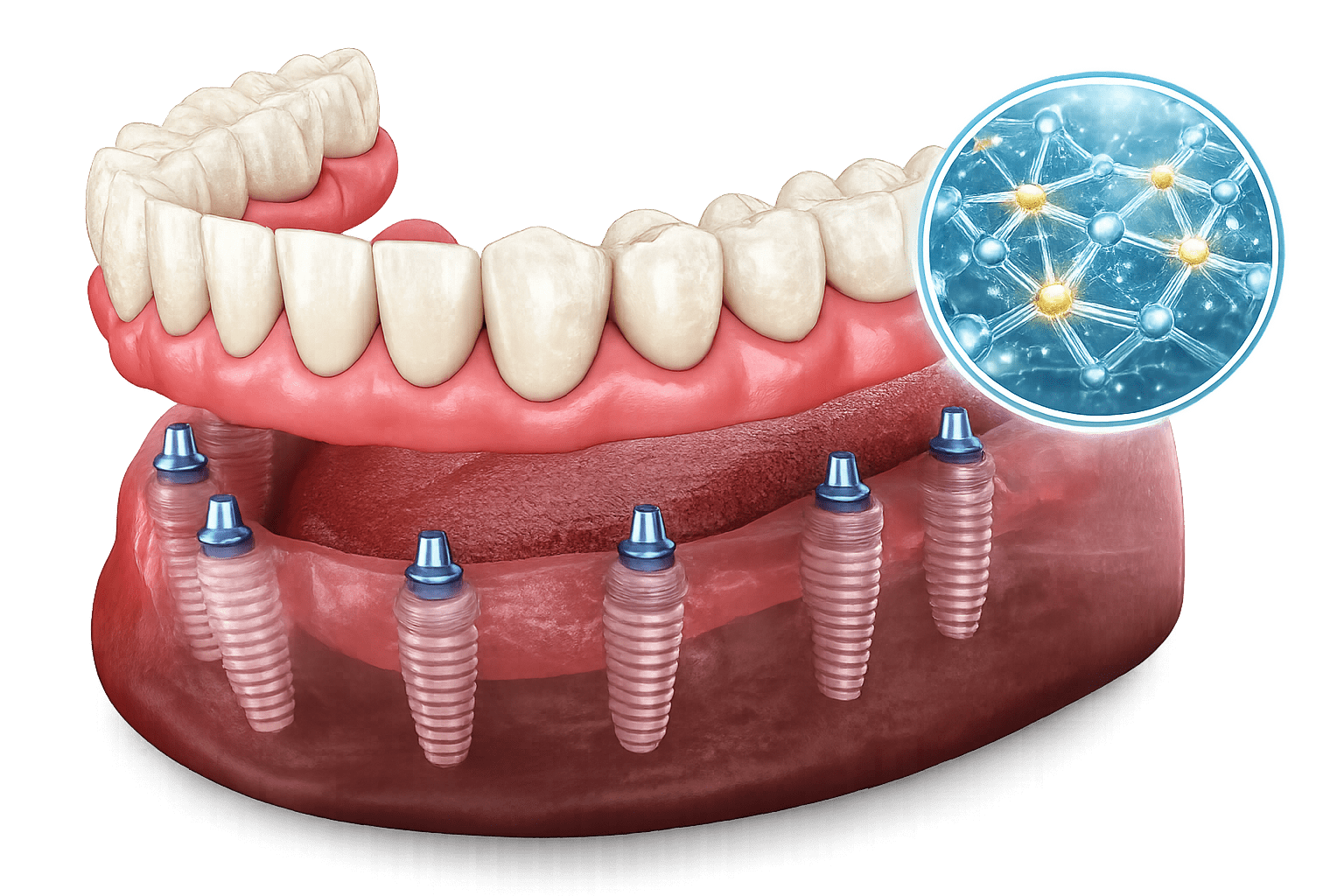 Full-arch implant prosthesis crafted from double cross-linked polymer, shown with its molecular cross-link structure